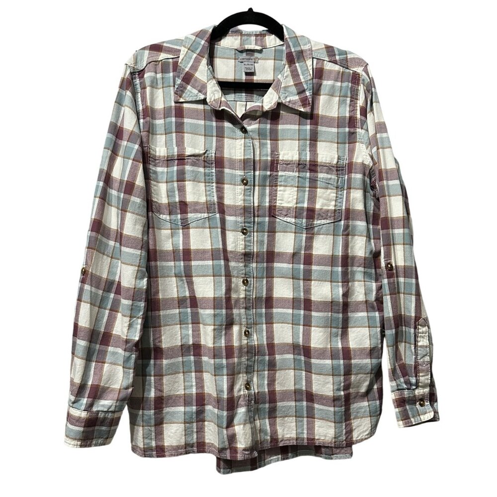 Carhartt women’s sz XL 16/18 cotton cream plaid roll tab long sleeve shirt top